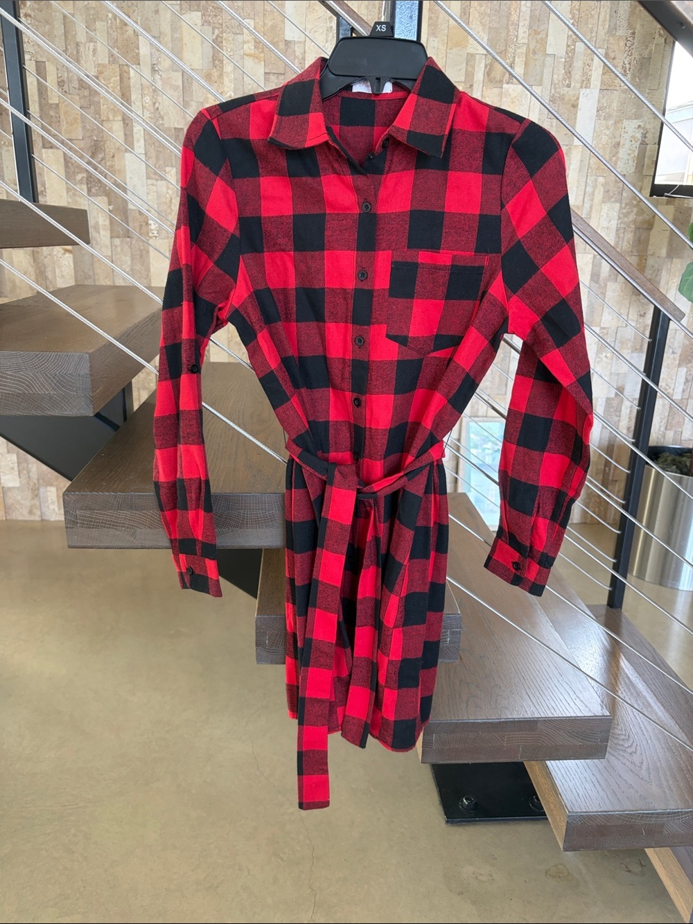 Women’s Red and Black Buffalo Plaid Shirt Dress with Belt